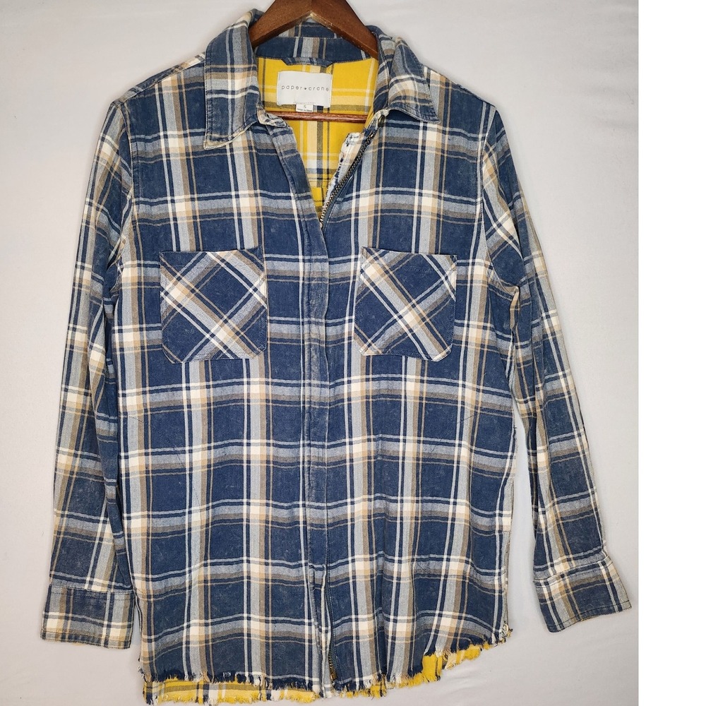 Paper Crane Women's Boyfriend Flannel Zip up raw hem Blue/Yellow Small‎